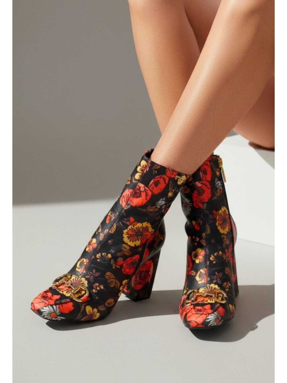 Floral Block Heel Ankle Boots With Gold Buckle Detailing